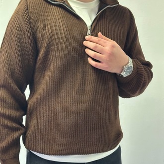 Yarım Fermuarlı Oversize Triko Kazak - Kahverengi