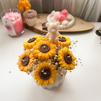 Ayçiçek Figürlü Çiçek Kokulu Mum Buketi, %100 Soya Wax