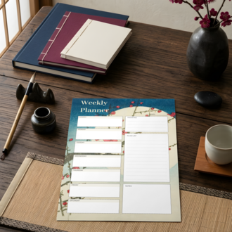 A4 Red Plum Branch Weekly Planner – Printable PDF & PNG