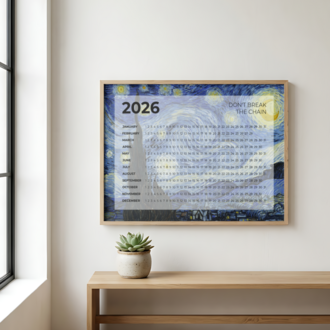 A2 Printable “Don’t Break the Chain” 2026 Annual Calendar – Starry Night
