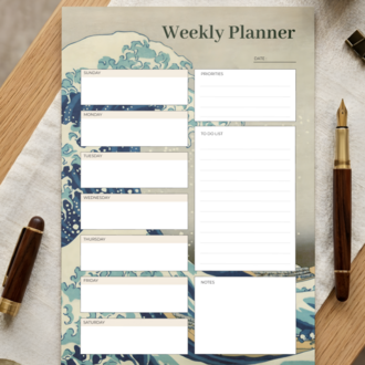 A4 The Great Wave off Kanagawa Weekly Planner – Printable PDF & PNG