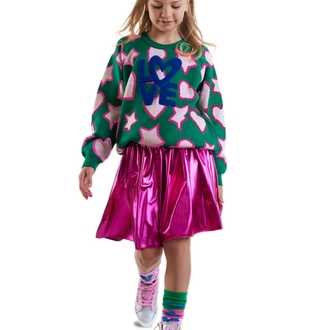 Denokids Yıldızlı Kalp Kız Çocuk Yeşil Triko Kazak