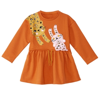 Denokids Turuncu Leoparlı Beli Lastikli Uzun Kollu Kız Çocuk Elbise


