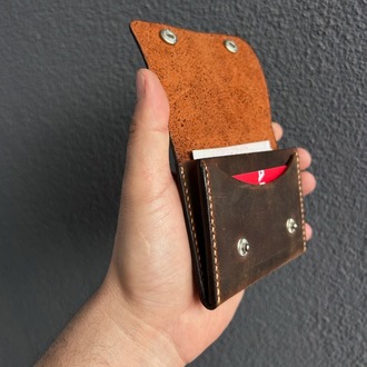 Çıtçıtlı Deri Cüzdan - El Yapımı Minimalist Kartlık - Kahverengi Hakiki Deri 