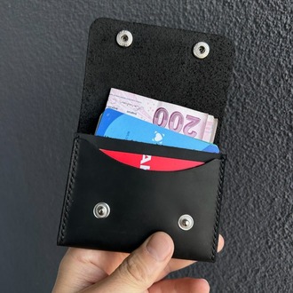 Çıtçıtlı Siyah Deri Cüzdan - El Yapımı Minimalist Kartlık - Hakiki Deri 