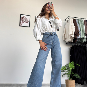 Taşlı Wide Leg Kot Pantolon