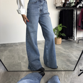 Taşlı Wide Leg Kot Pantolon