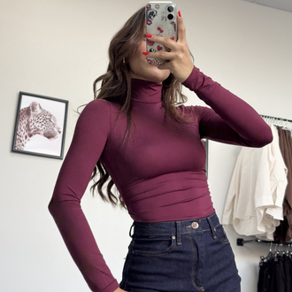 Yanı Büzgülü Bordo Boğazlı Bodysuit