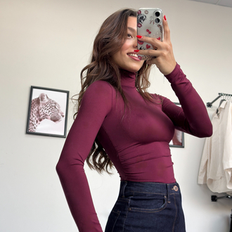 Yanı Büzgülü Bordo Boğazlı Bodysuit