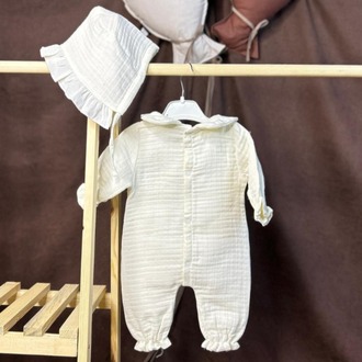 Müslin Bebe Yaka Tulum ve Bonet