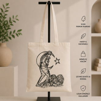 Atatürk Silüetli Kurtuluş Savaşı Desenli Kanvas Bez Çanta