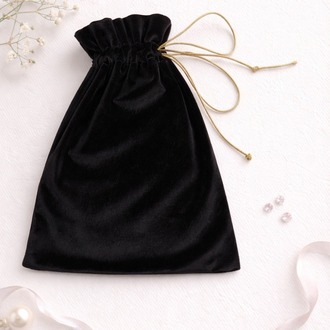Luxe Velvet Mini Siyah Kadife Kese 10x15 cm  Altın İpli Esnek Polyester Hediye Kesesi 