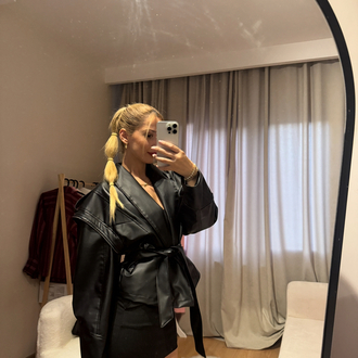 Deri kuşaklı oversize ceket 