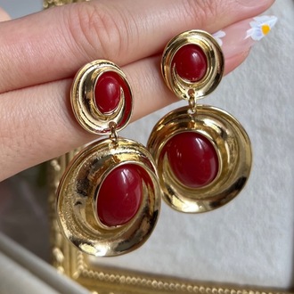 Gold Bordo Detaylı Vintage Küpe