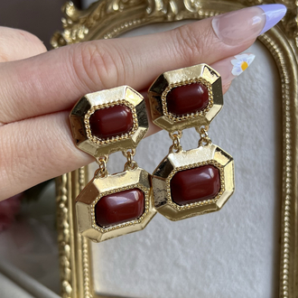 Gold Bordo Detaylı Vintage Küpe