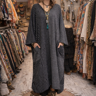 Patchwork Çizgili Oversize Otantik Elbise