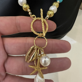 Amazonit doğal inci altın kaplama charm kolye 