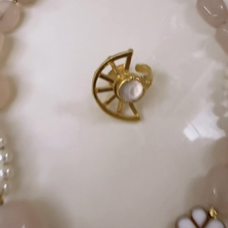 Altın kaplama pembe kuvars cam inci detaylı kolye yüzük set