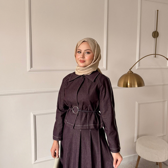 Fermuar detaylı denim takım bordo