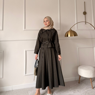 Fermuar detaylı denim takım kahve