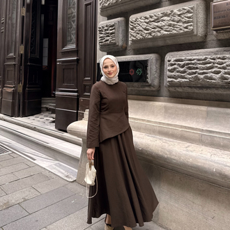Keten etekli takım kahverengi