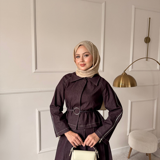 Fermuar detaylı denim takım bordo