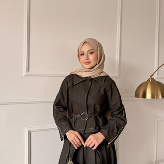Fermuar detaylı denim takım kahve