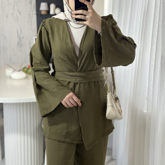 Keten kimono takım-Haki
