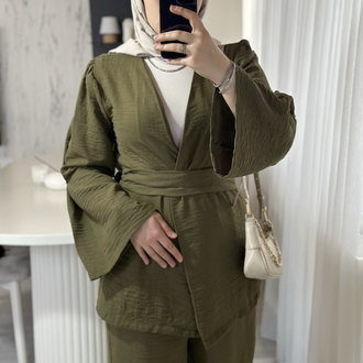 Keten kimono takım-Haki