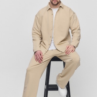 %100 Coton Kumaş Gömlek Pantolon Takım Bej Renk