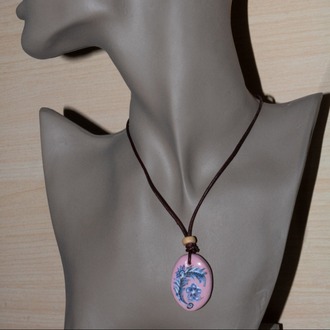 Handmade clay ornament amulet with genuine leather cord and wooden bead