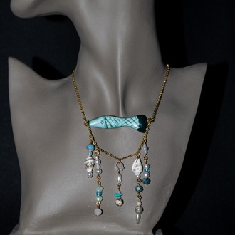 Handmade green clay fish necklace with little irregular beads