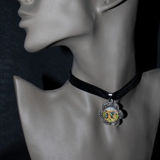 Tiny hand-painted hummingbird and flowers velvet choker