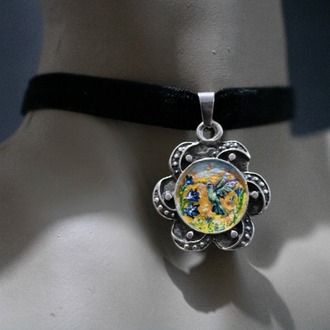 Tiny hand-painted hummingbird and flowers velvet choker