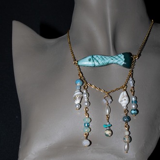 Handmade green clay fish necklace with little irregular beads
