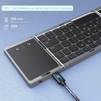 Katlanabilir Mini Kablosuz Klavye | Bluetooth 5.1, Windows, Android, iOS Uyumlu