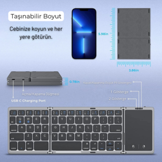 Katlanabilir Mini Kablosuz Klavye | Bluetooth 5.1, Windows, Android, iOS Uyumlu
