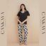 Yeni Sezon Siyah Çiçek Desenli Yaka Detaylı Bayan Pijama Takımı