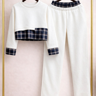 Ekose Detaylı Crop Sweat & Eşofman Altı Takım