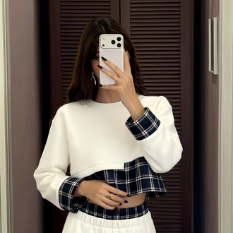 Ekose Detaylı Crop Sweat & Eşofman Altı Takım