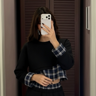Ekose Detaylı Siyah Crop Takım