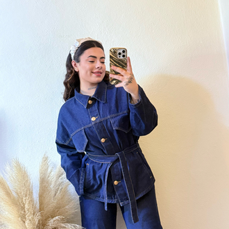 Denim kemer detaylı ceket pantolon takımı 