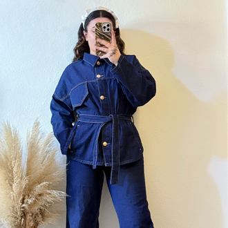 Denim kemer detaylı ceket pantolon takımı 