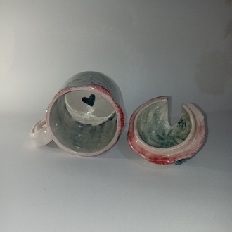 Seramik El Yapımı Tasarım Kupa Sıcak- Soğuk Tutucu Kapaklı Kaşık Pipet Bölmeli