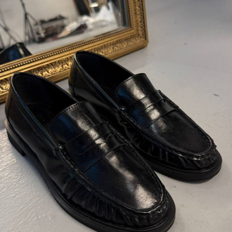 Kadın Büzgülü Siyah deri Oxford Loafer Günlük ayakkabı 