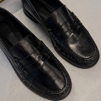 Kadın Büzgülü Siyah deri Oxford Loafer Günlük ayakkabı 