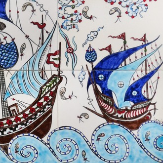 El Yapımı İznik Çini Pano – Kalyon Desenli