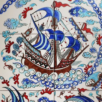 El Yapımı İznik Çini Pano – Kalyon Deseni 