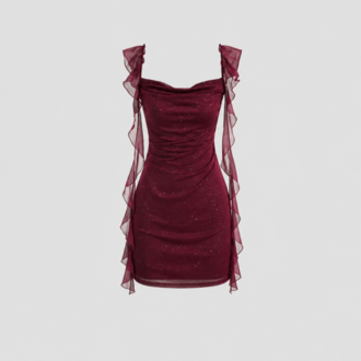 Bordo Fırfırlı Mini Elbise