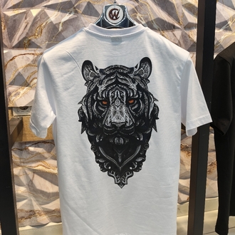 2010 Kaplan Gümüş Baskılı Beyaz Basic T-Shirt